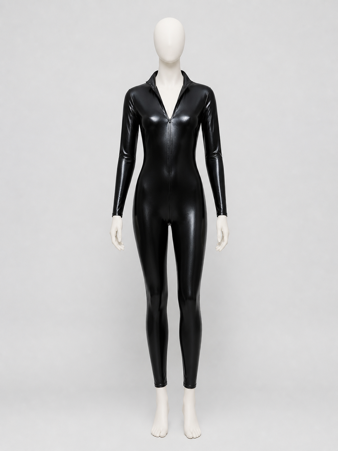 Black Glossy Long-Sleeve Bodysuit with Zipper product detail