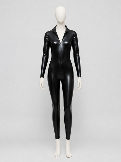 Black Glossy Long-Sleeve Bodysuit with Zipper product detail