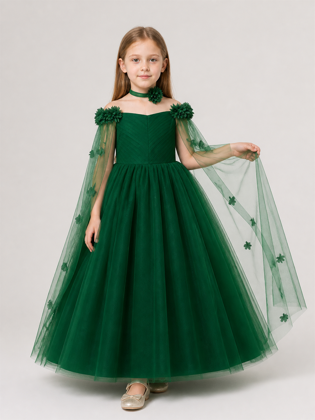 Dark Green Princess Party Dress with Flowers Costume Dresses detail 2