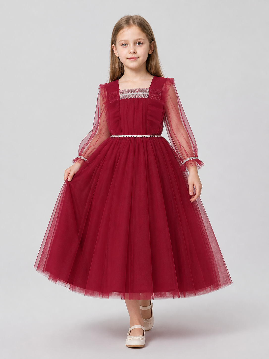 Burgundy Dress with a Full Skirt and Mesh Sleeves Costume Dresses detail 2