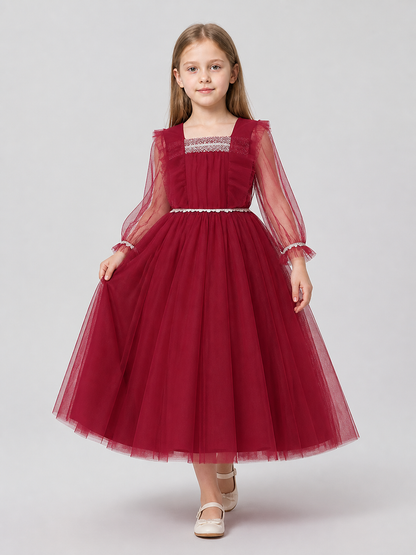 Burgundy Dress with a Full Skirt and Mesh Sleeves Costume Dresses detail 2