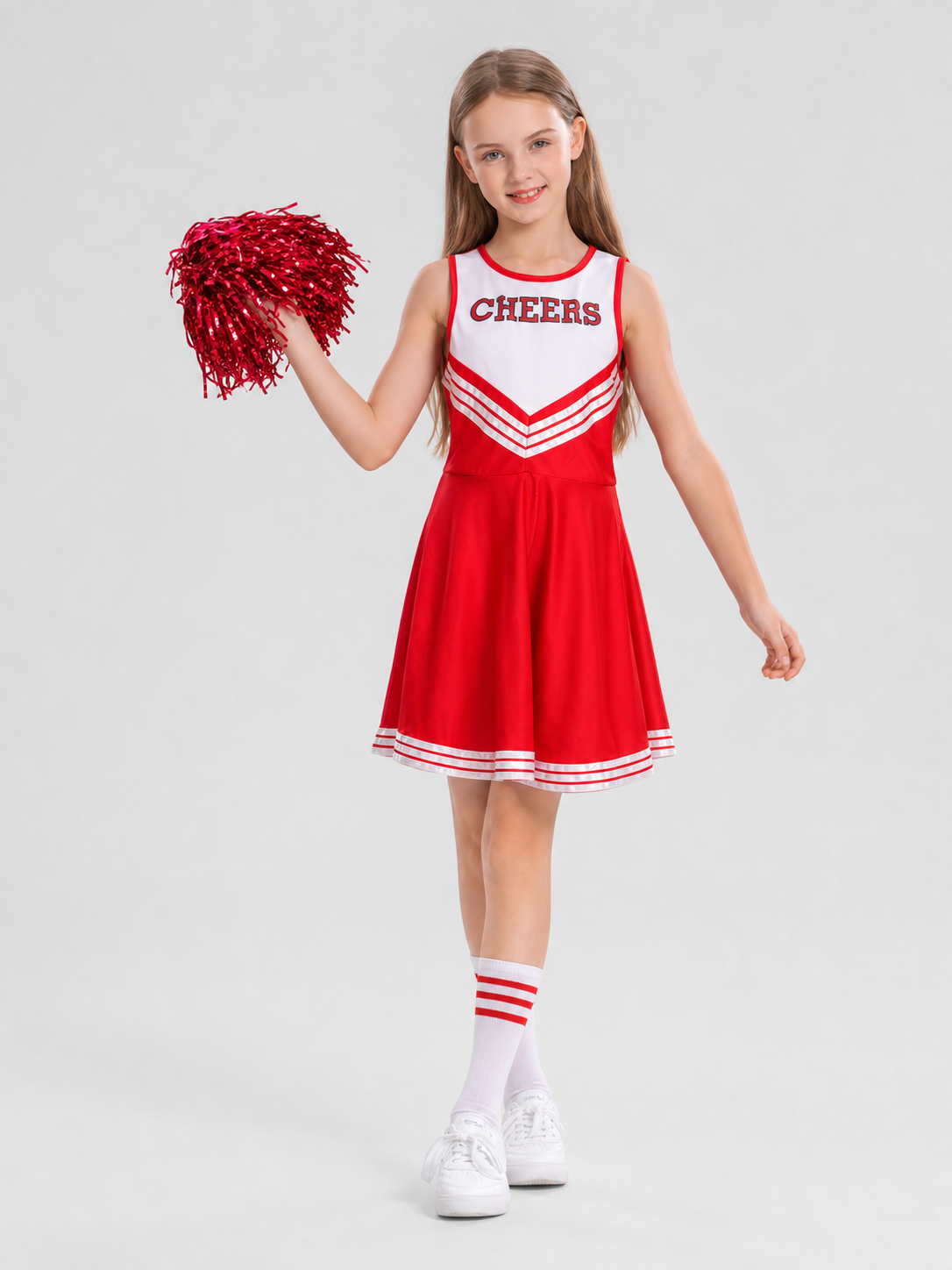 Red Girls' Cheerleading Dress with White Stripes Costume Dresses detail 2