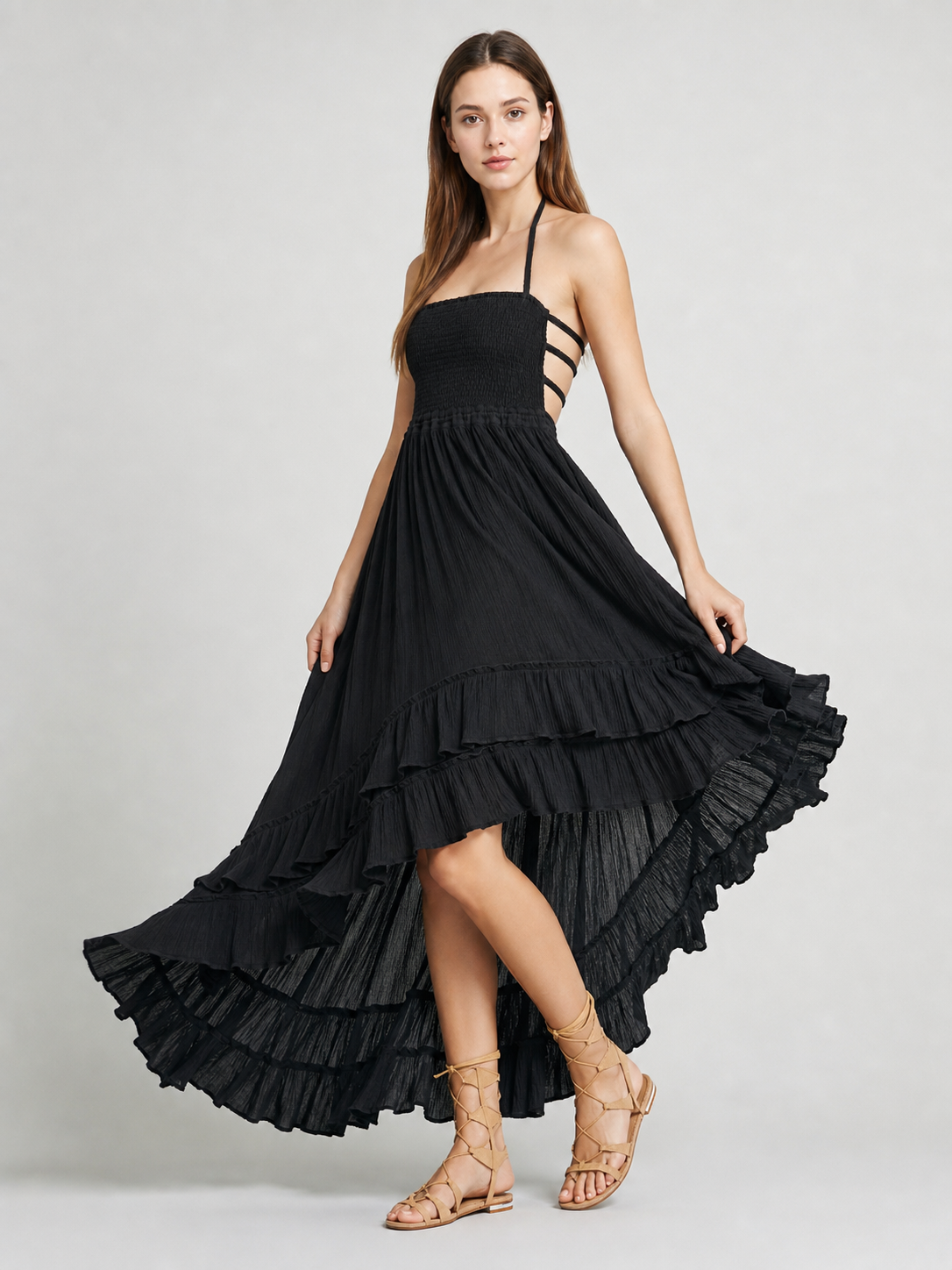 Long Boho-Style Maxi Dress with an Open Back