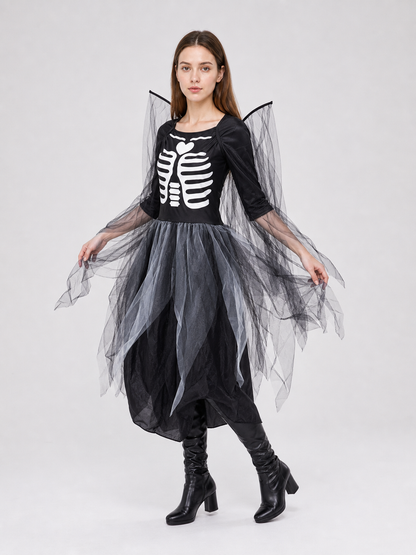Skeleton costume dress with wings and headpiece