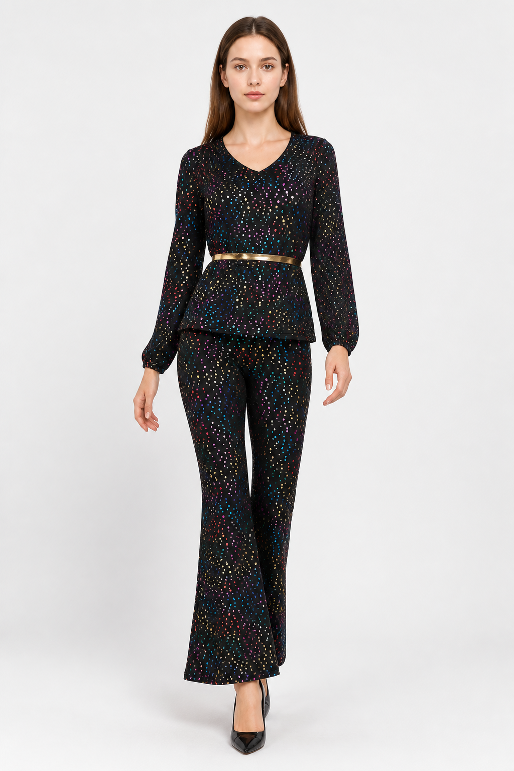 Sequined Jumpsuit with Flared Legs and a V-Neck product detail 2