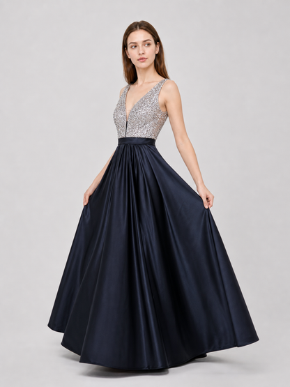 Elegant floor-length dress with a V-neckline