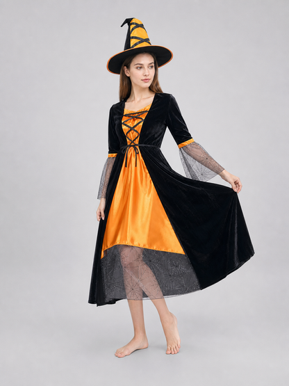 This Halloween costume includes a long dress and a pointed hat. The dress is in a black-and-orange color scheme: the center features a bright orange panel, and the black outer layer has a flared hem. The semi-sheer sleeves are decorated wit