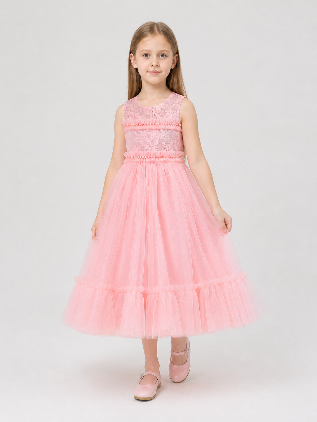 Long Pink Lace Princess Dress for Girls Costume Dresses detail 2