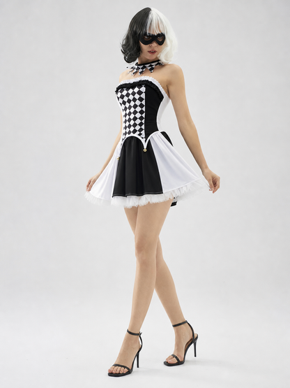 Black-and-White Carnival Dress with Diamond Pattern Costume Dresses detail 2