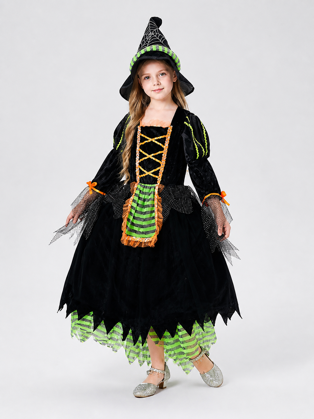 Children's Witch Costume with Striped Skirt and Hat Costume Headwear detail