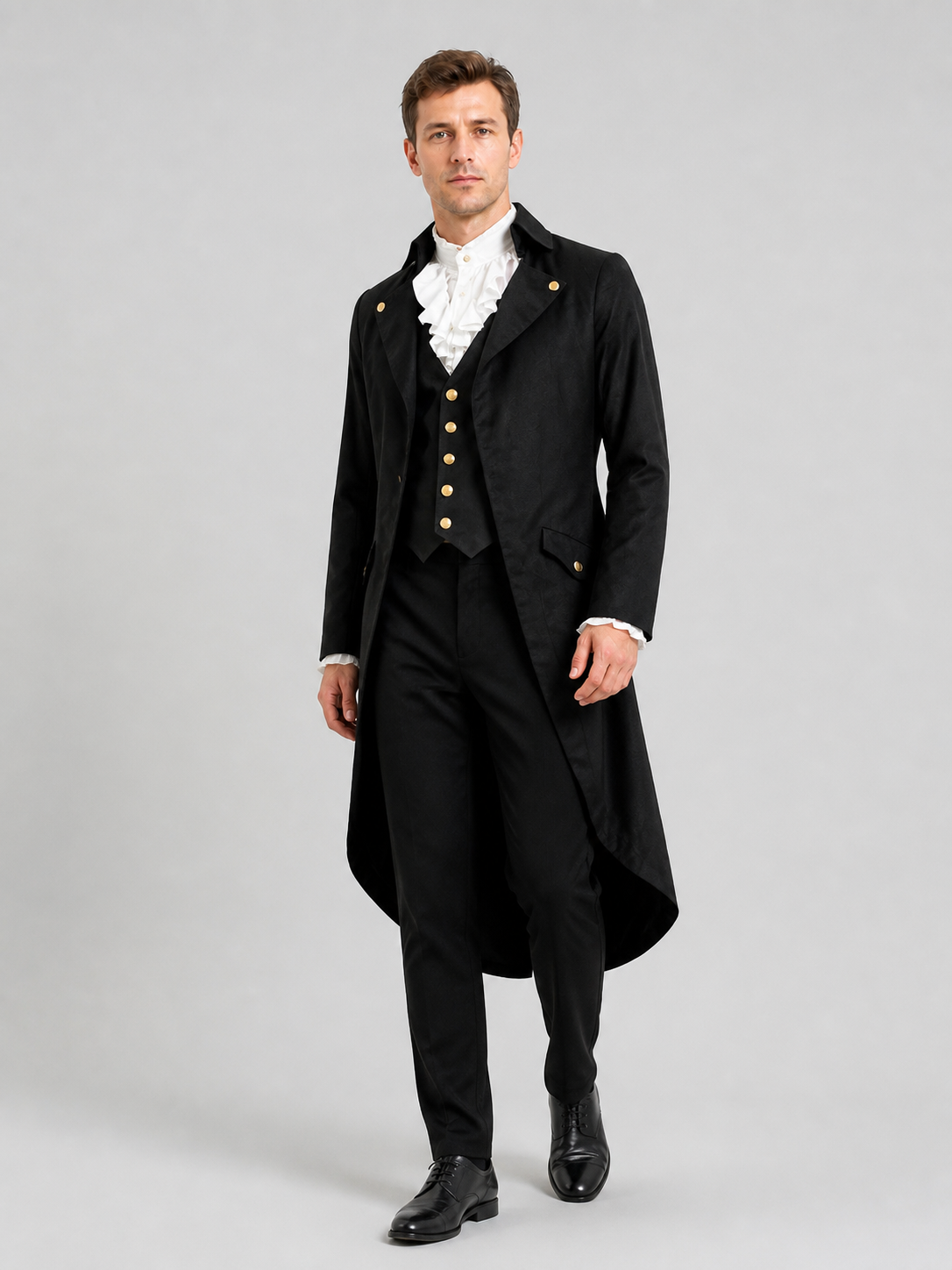 Black elongated tailcoat in Gothic style with lapels product detail 2