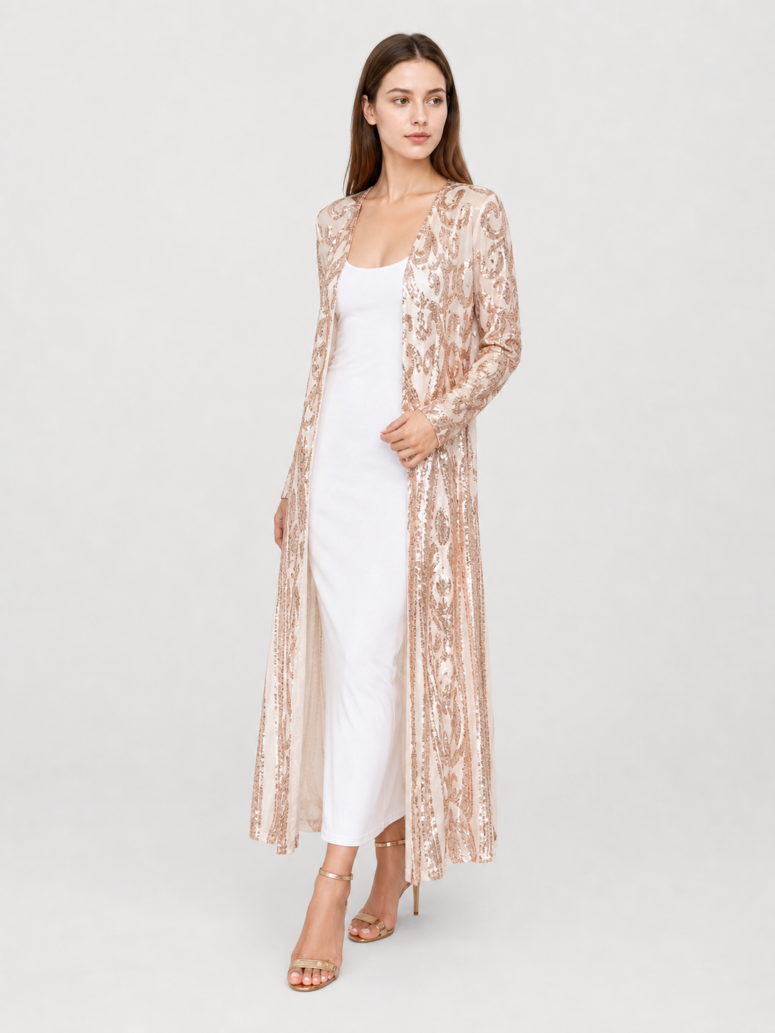 Long Sequin-Embroidered Cape with Baroque Pattern