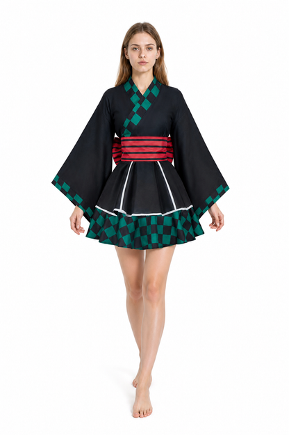 Black Cosplay Dress with White Trim and Checkered Pattern Costume Dresses detail 2