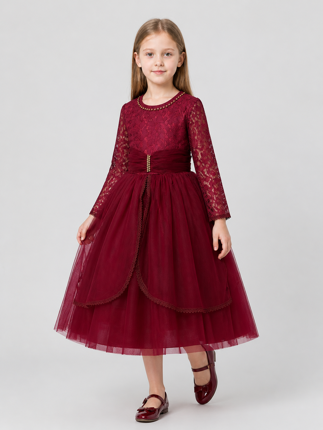 Girls' Burgundy Lace Dress with a Full Skirt Costume Dresses detail 2