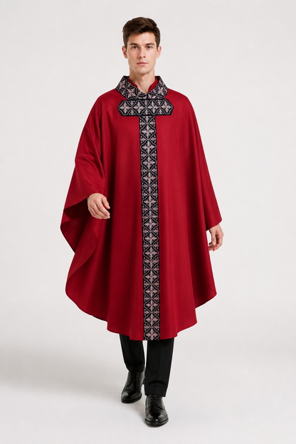 Red Cloak with Black Pattern and Wide Sleeves Costume Capes detail 2