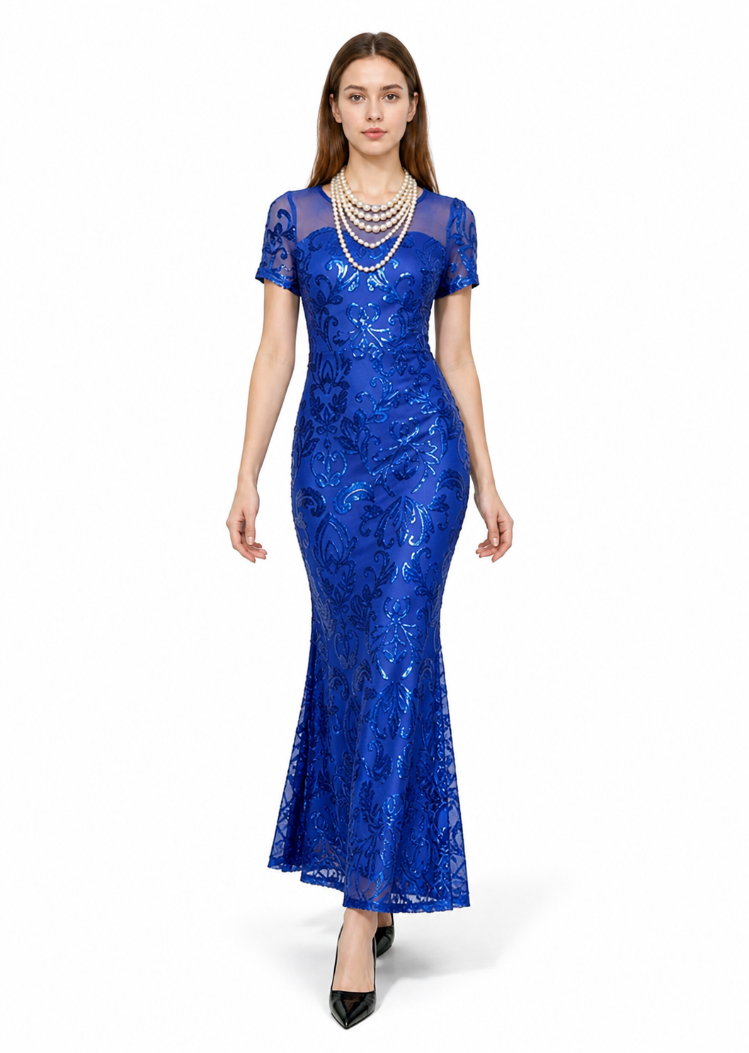 Long Blue Floral Dress with a Fitted Bodice and Flared Skirt Costume Dresses detail 2
