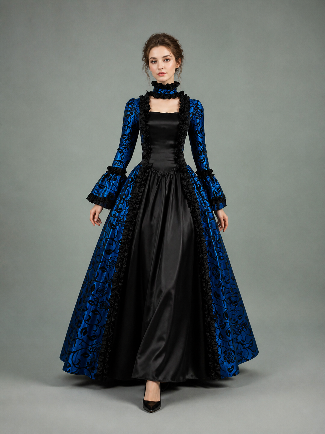 Vintage Blue and Black Dress with Ruffles and a High Collar Costume Dresses detail 2