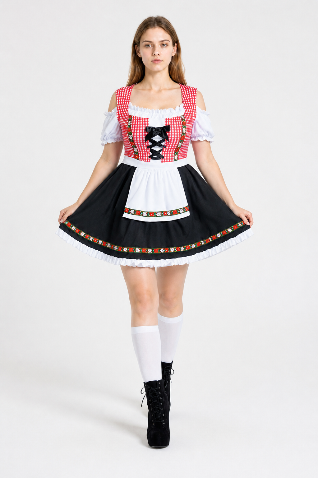 Bavarian Costume in Red-and-White Plaid with a Black Skirt Costumes detail