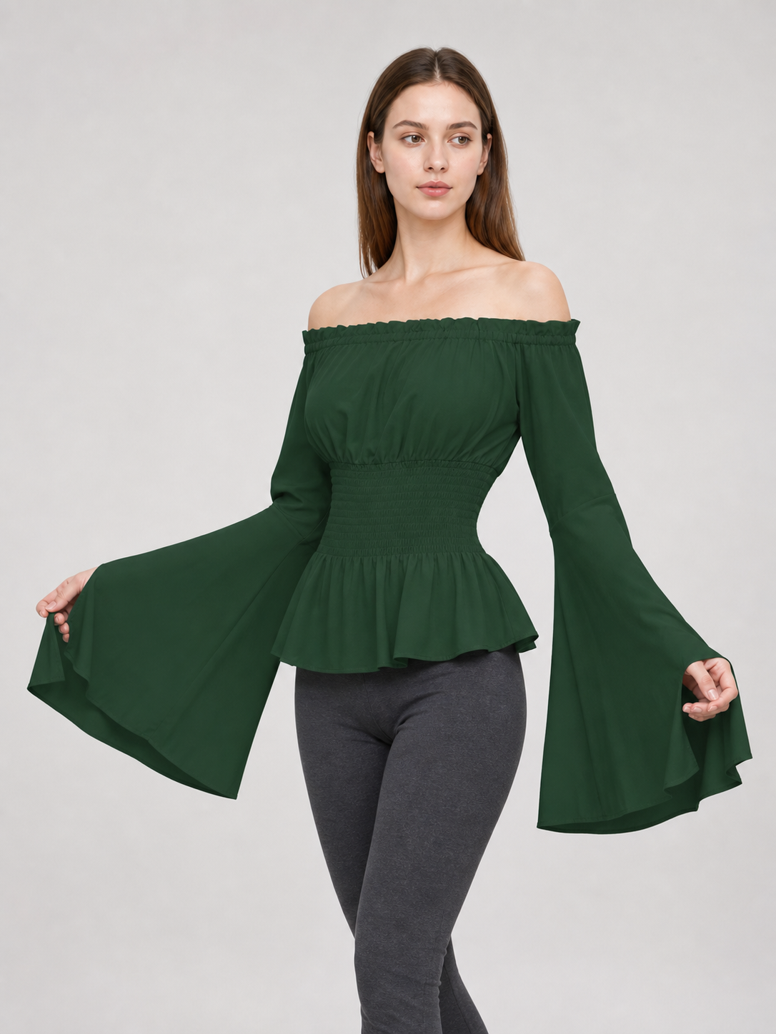 Dark Green Off-Shoulder Peplum Blouse