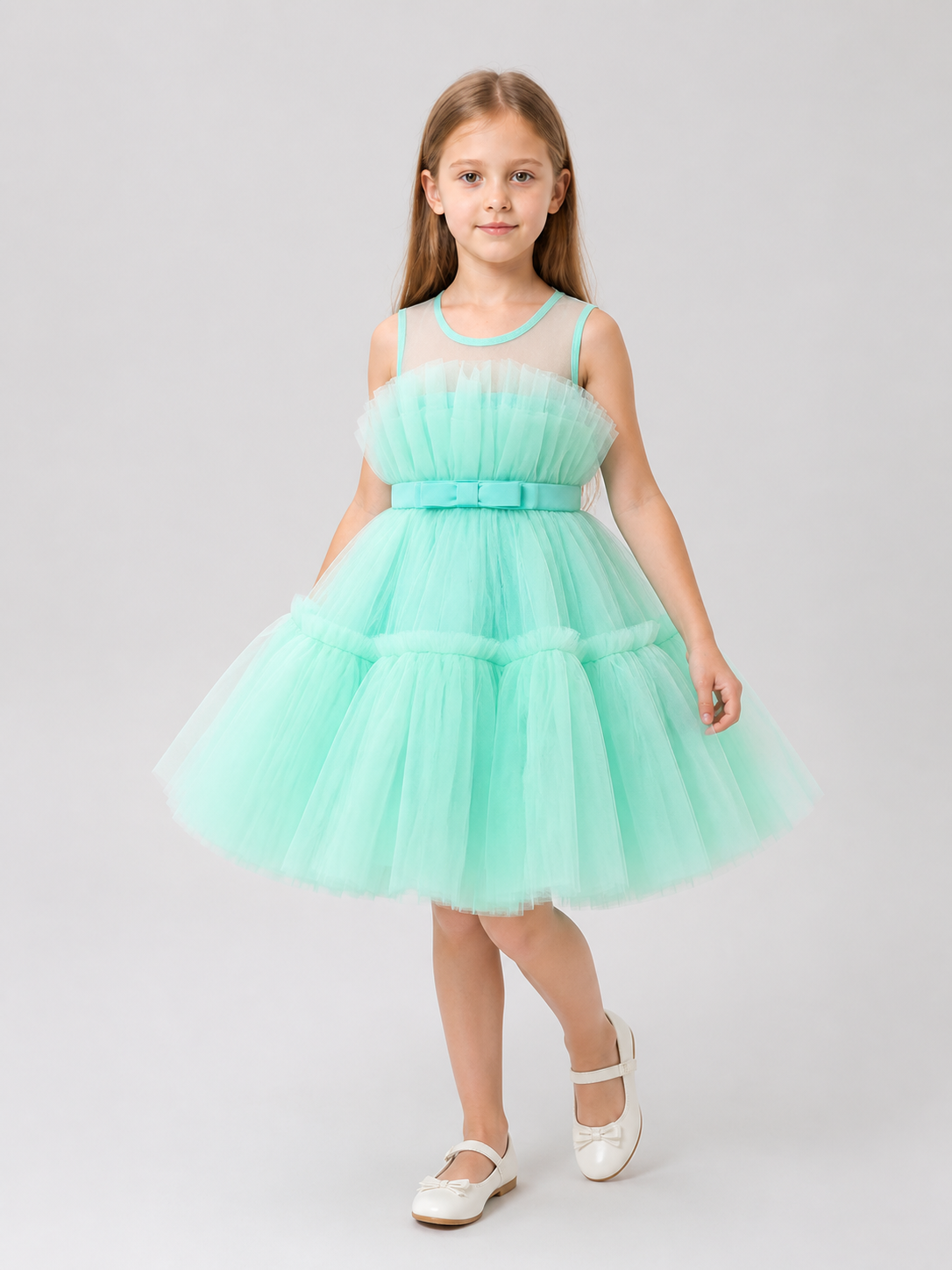 Mint Green Girls' Dress with Full Skirt and Bow Costume Dresses detail 2