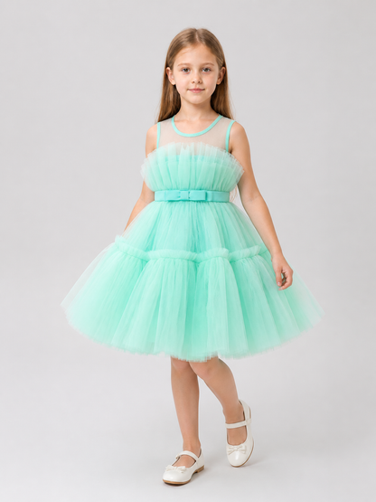 Mint Green Girls' Dress with Full Skirt and Bow Costume Dresses detail 2