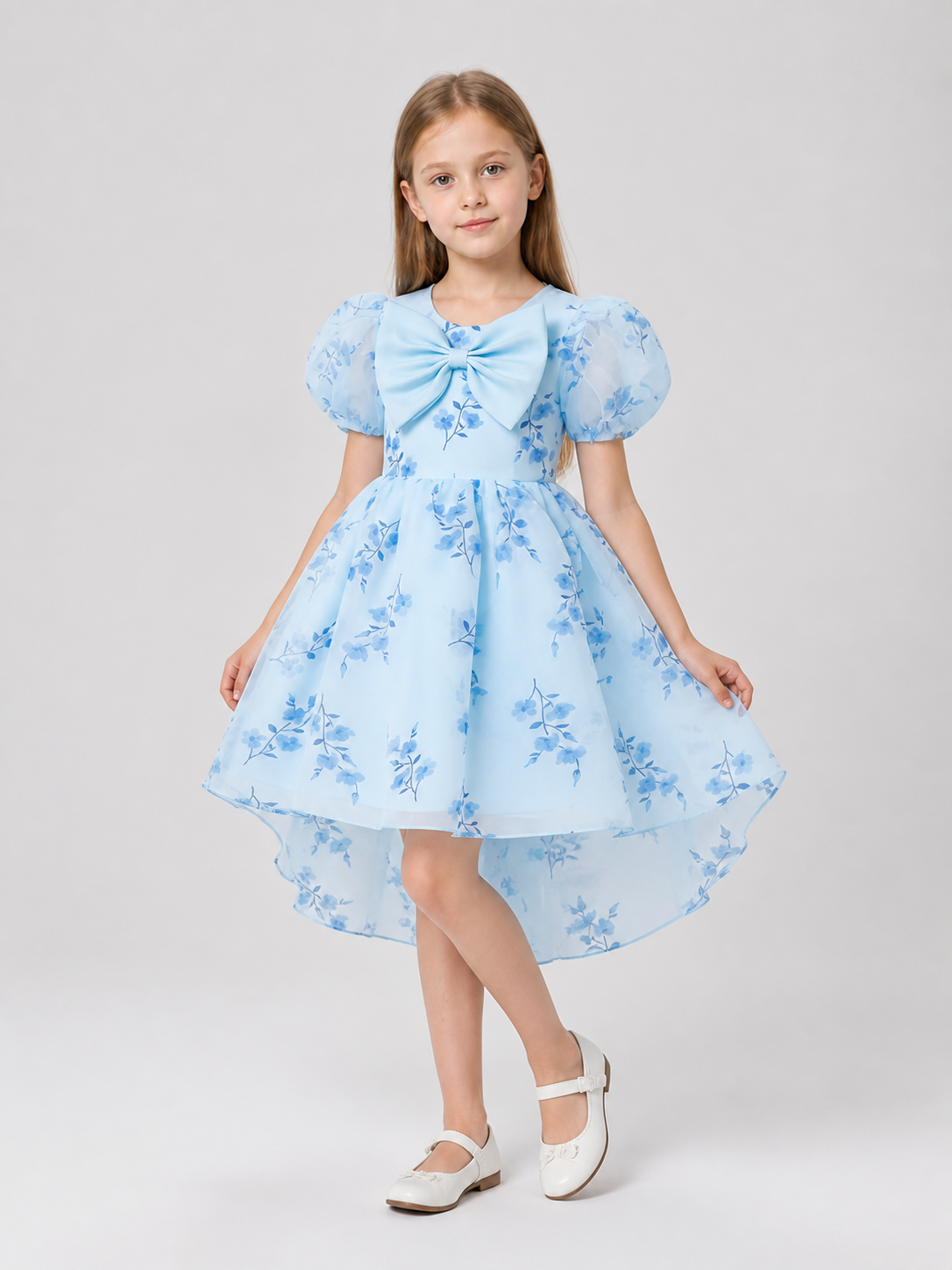 Fancy Dress with Light Blue Floral Print and Bow Costume Dresses detail 2