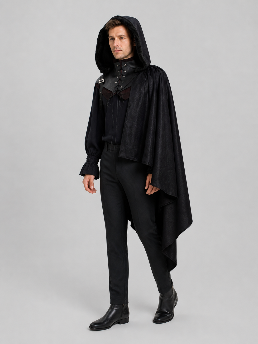 Medieval Hooded Cape, Black, Gothic Costume Capes detail 2