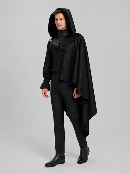 Medieval Hooded Cape, Black, Gothic Costume Capes detail 2
