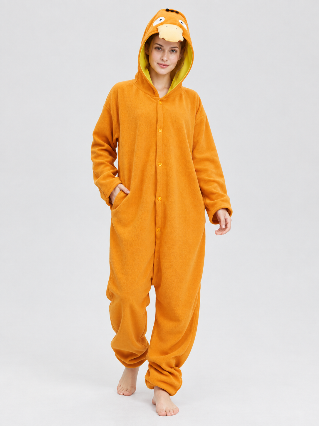 Orange Fleece Jumpsuit Pajama with Oversized Hood