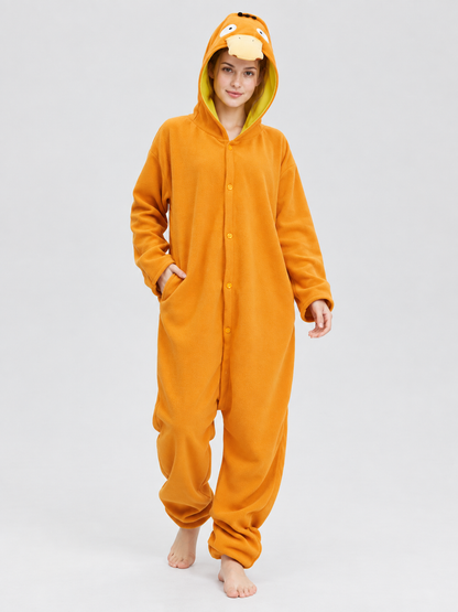 Orange Fleece Jumpsuit Pajama with Oversized Hood