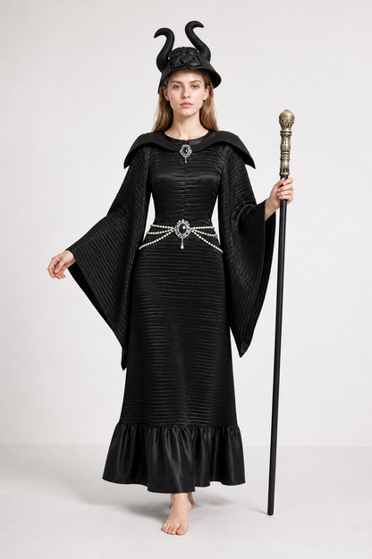 Black Halloween witch costume with crown and wand Costume Headwear detail 2