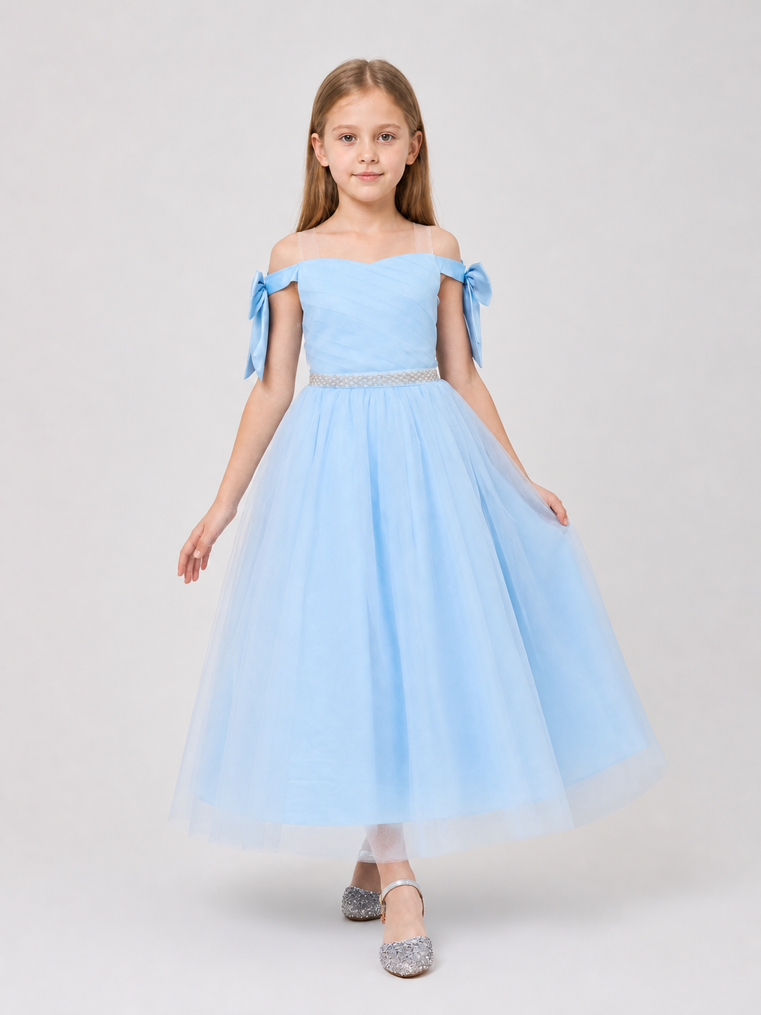 Light Blue Girls' Party Dress with Bow and Full Skirt Costume Dresses detail