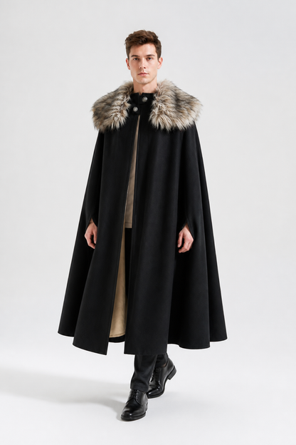 Long Cloak with Fur Collar and Buttons Costume Capes detail 2