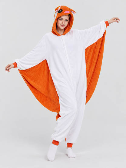 Hooded Pajama Jumpsuit with Animal Face, White and Orange