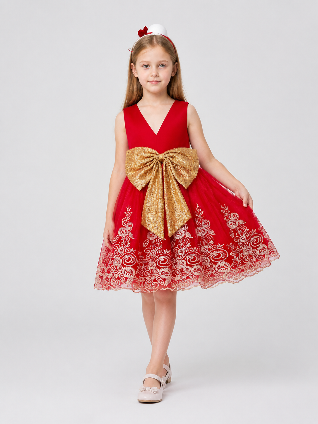 Princess Dress in Red with Gold Embroidery and Bow Costume Dresses detail 2