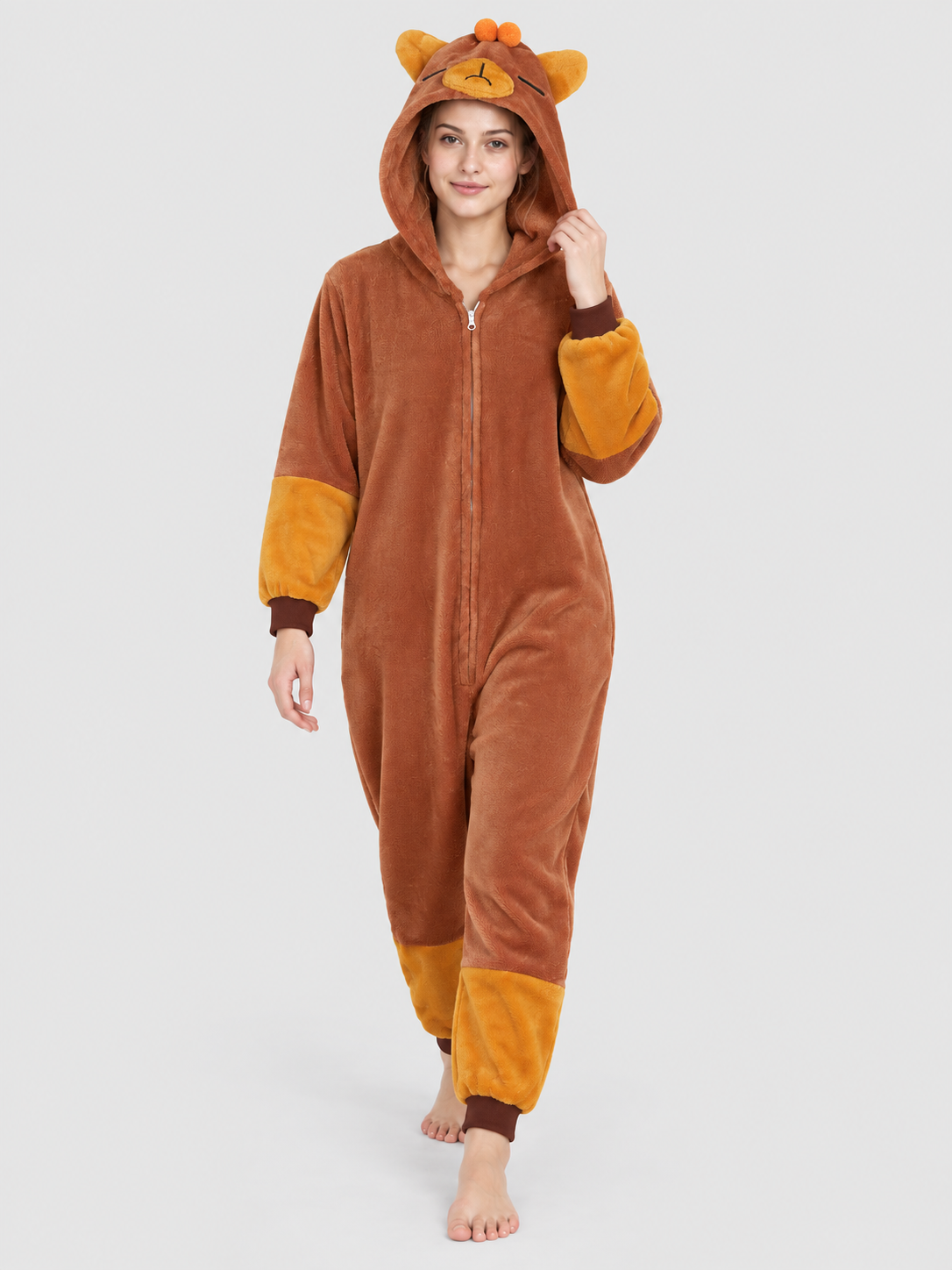 Brown plush hooded pajama jumpsuit with ears