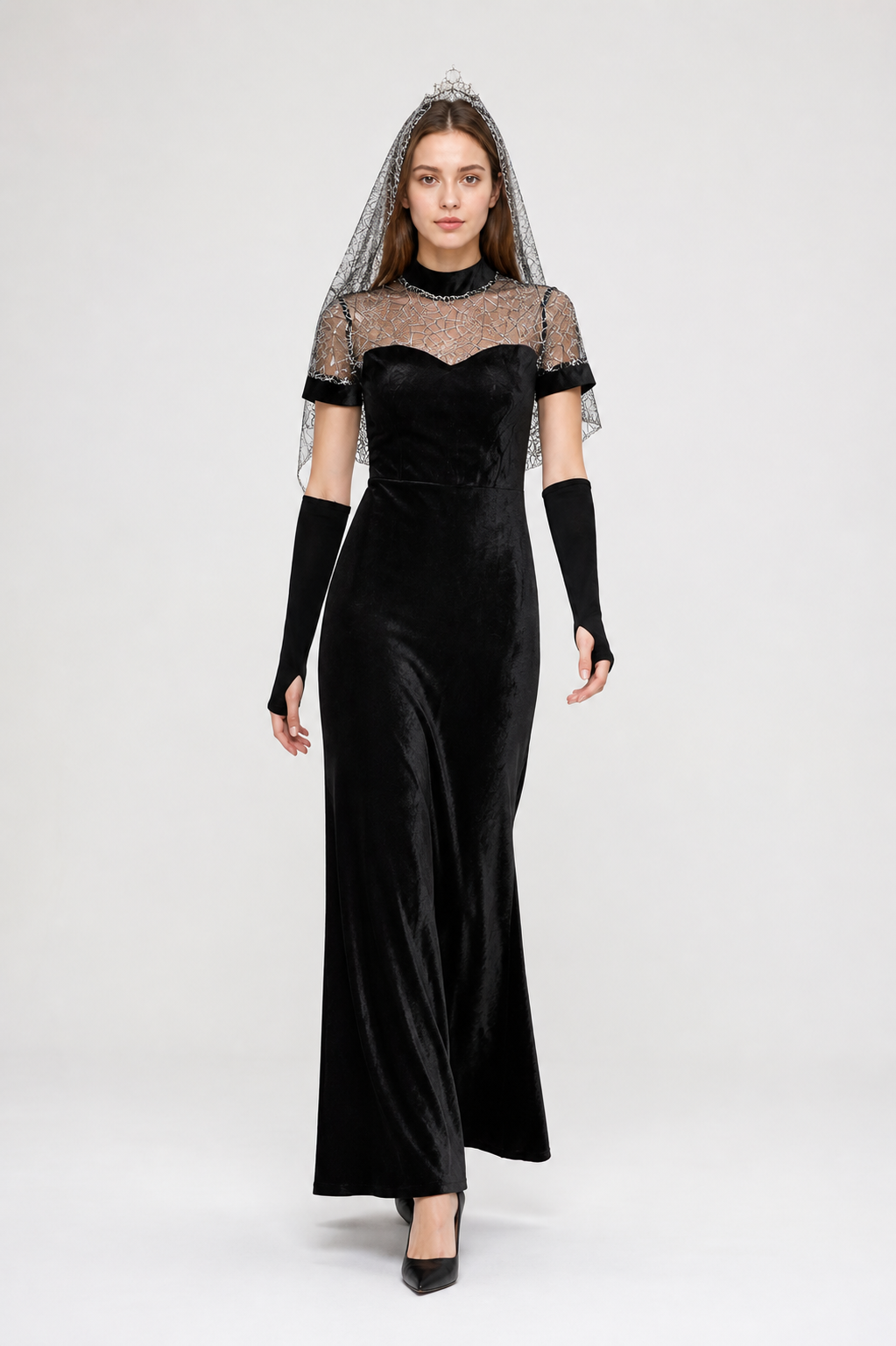 Black Cosplay Dress with Silver Web-Patterned Bodice Costume Dresses detail 2