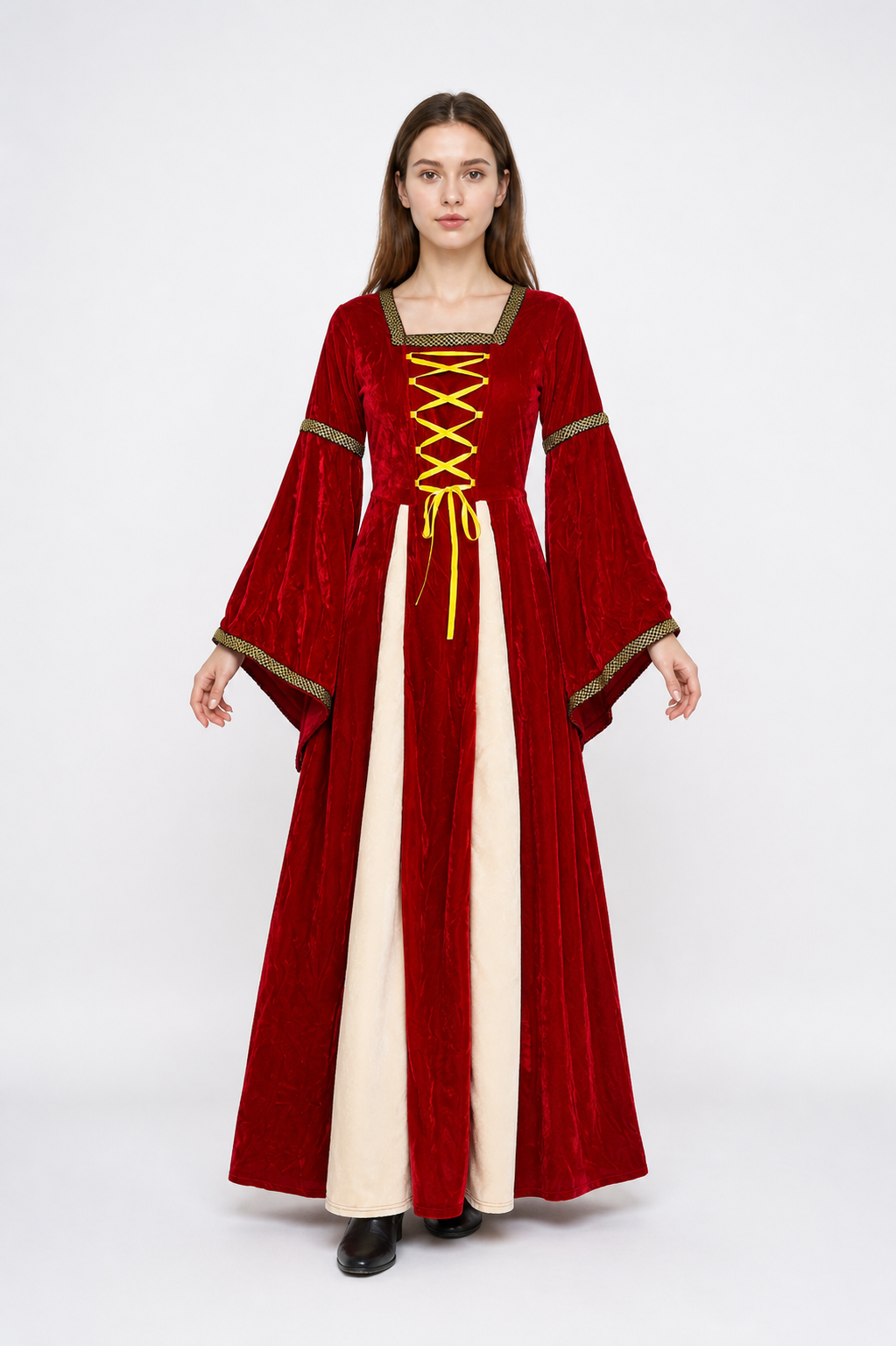Medieval Dress with Wide Sleeves and Gold Trim