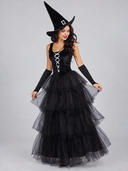 Halloween Costume: Black Dress, Hat, and Gloves