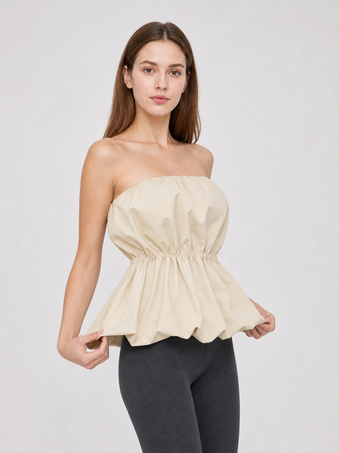 Strapless Peplum Bustier Top, Beige