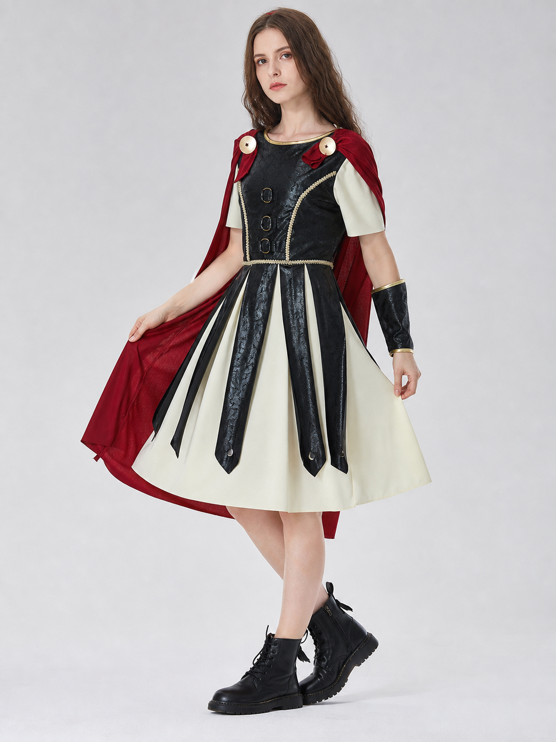 Retro-Style Dress with Red Cape