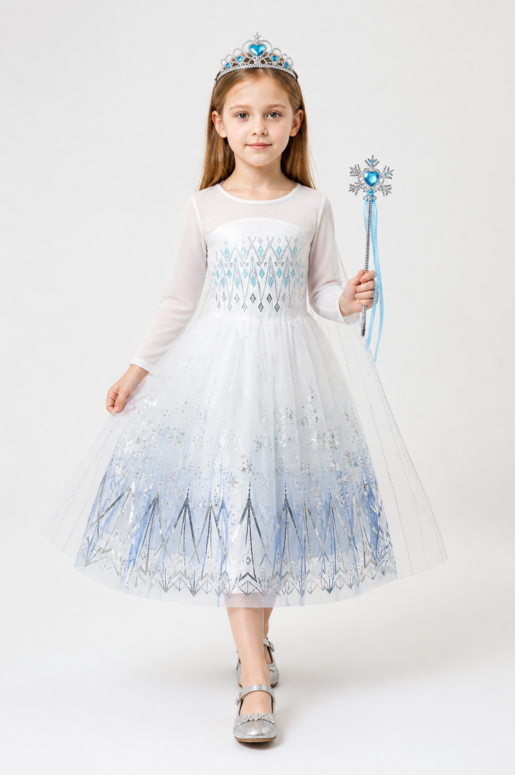 Snow Queen Costume with Crown and Magic Wand Costume Headwear detail 2