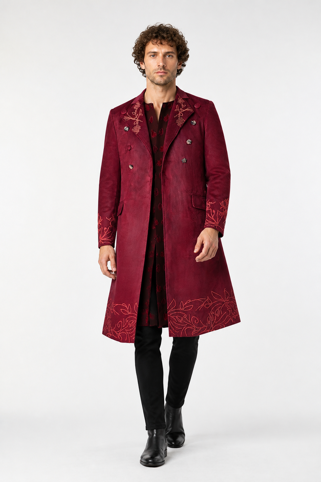 Burgundy Embroidered Willy Wonka Cosplay Coat Costumes detail