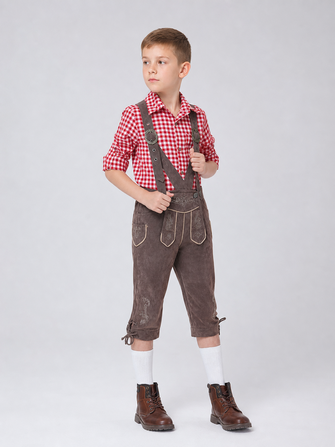 Alpine-style outfit: plaid shirt and pants