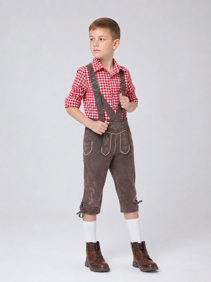 Alpine-style outfit: plaid shirt and pants