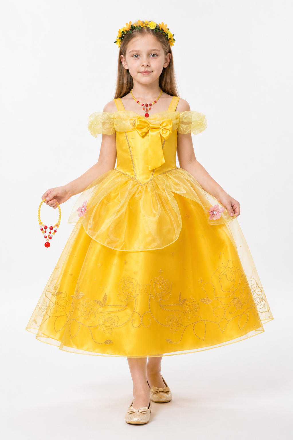 Yellow Princess Dress with Flowers and Bow Costume Dresses detail 2