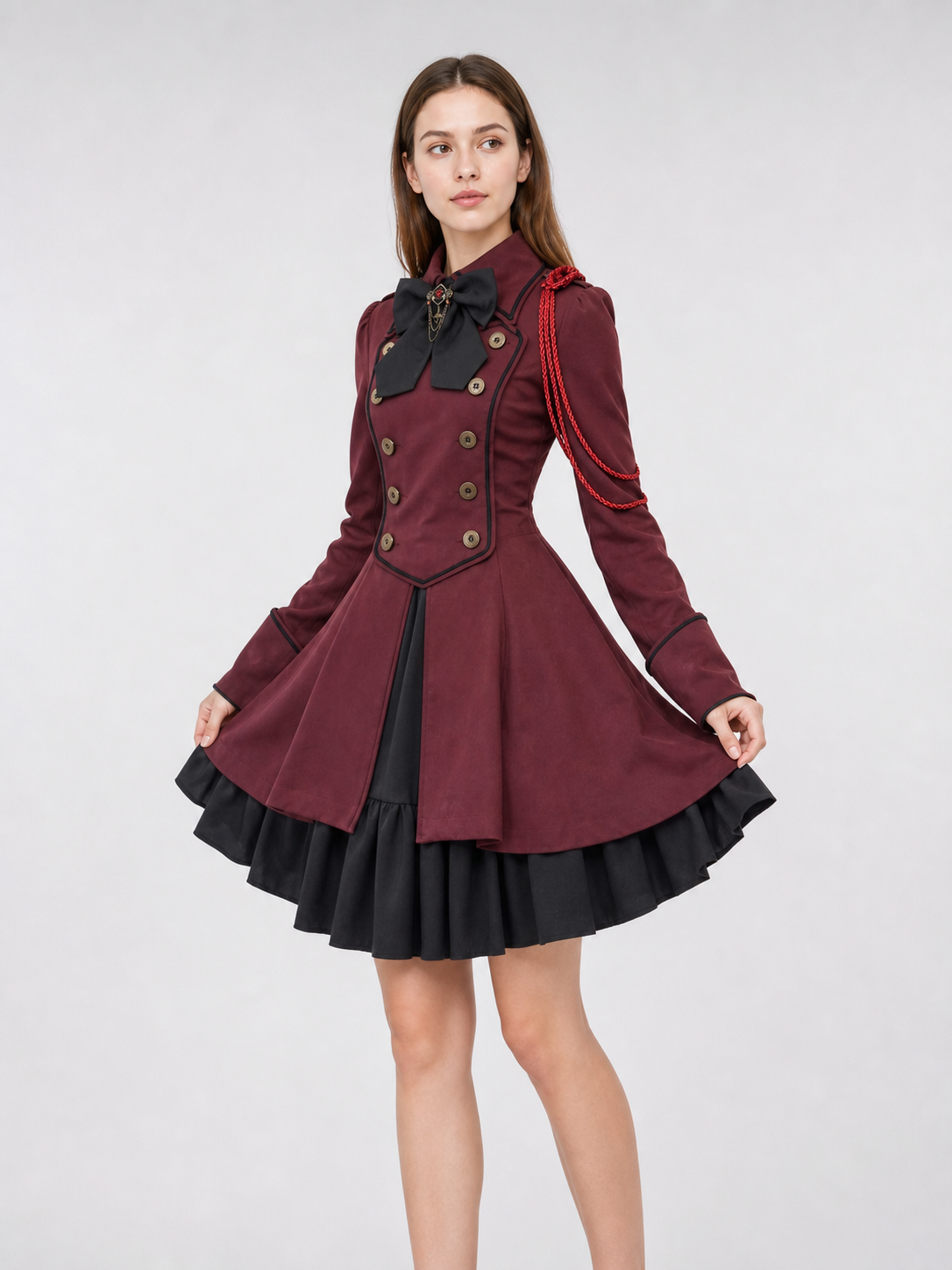 Gothic burgundy dress with sleeves and a bow