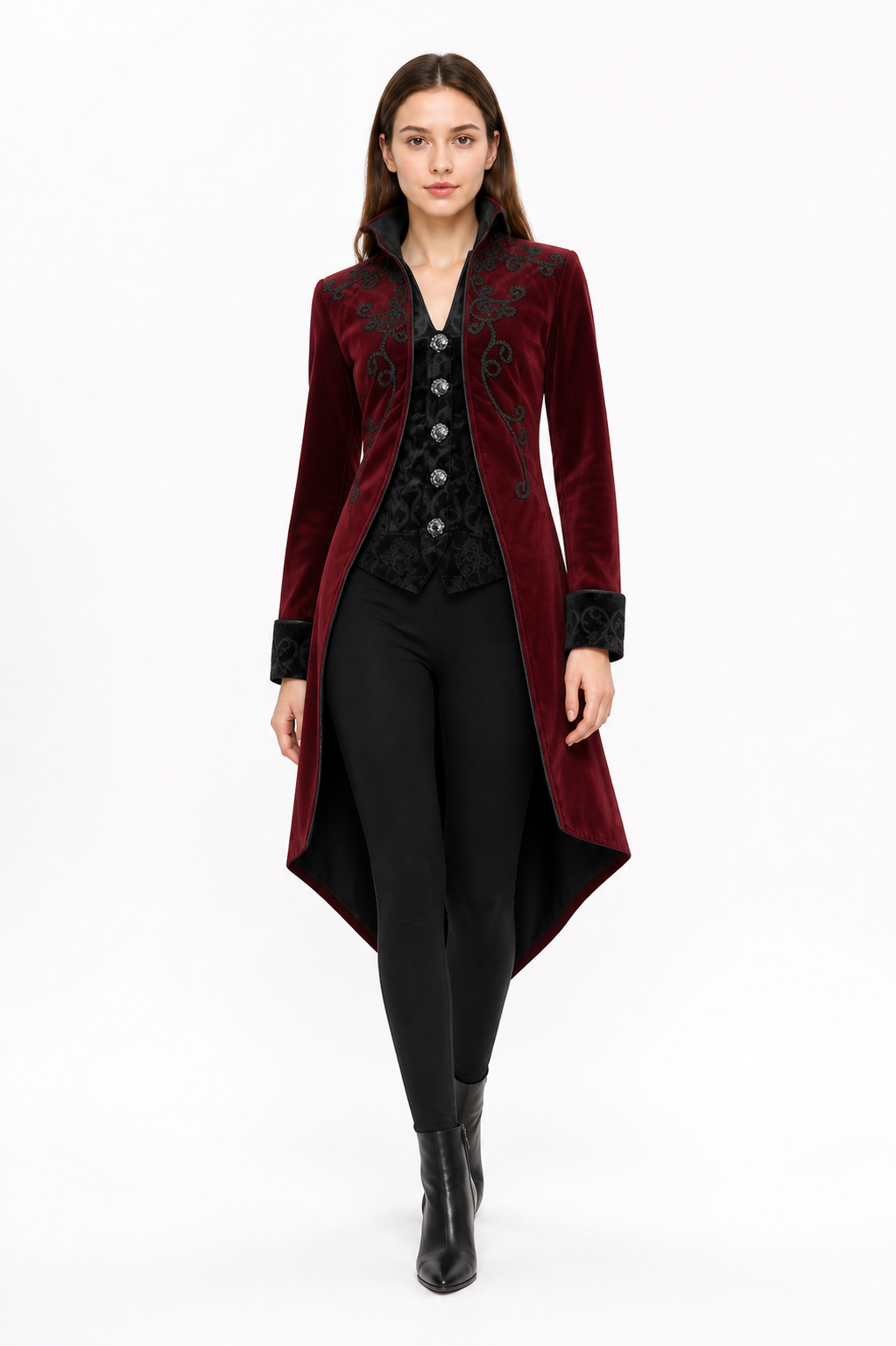 Vintage Burgundy Frock Coat with Embroidery and Buttons product detail 2
