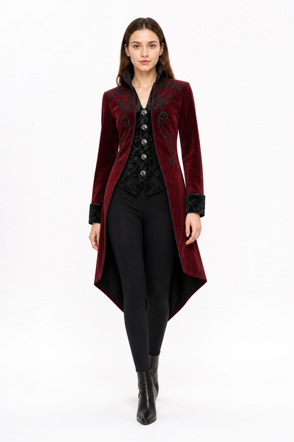 Vintage Burgundy Frock Coat with Embroidery and Buttons product detail 2