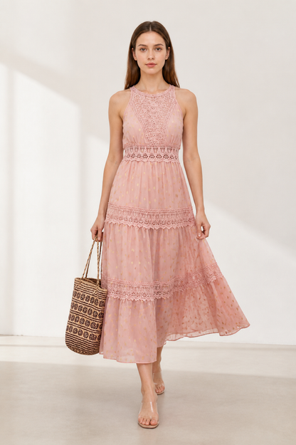 Long Pink Dress with a V-Neckline and Lace Costume Dresses detail 2